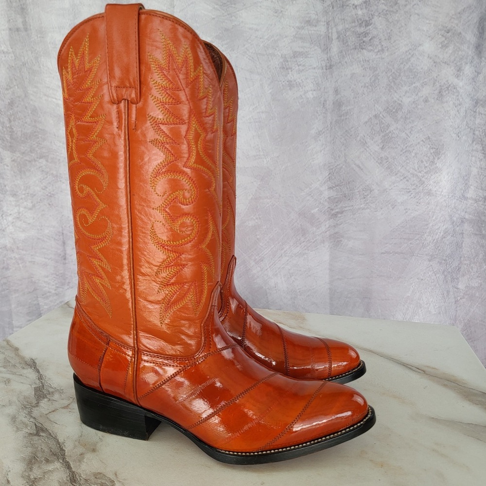 JE-VER Genuine EEL Skin Western Cowboy Boots Men's MX 25.5 US 6.5 Saddle Tan